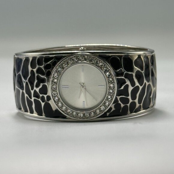 Animal Print Watch Women Silver Tone Black Crystal Bezel Wide Bangle Band 7" - Picture 1 of 10
